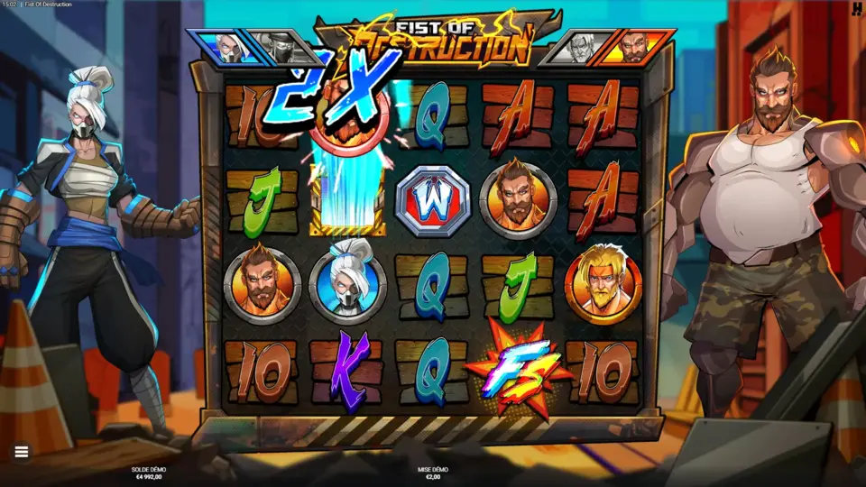 Écran de sélection des combattants dans Fist of Destruction, équipes Rouge et Bleue disponibles